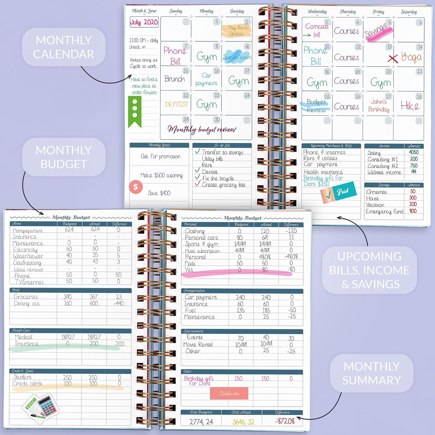 GoGirl Budget Planner & Monthly Bill Organizer with Pockets, Periwinkle image 3