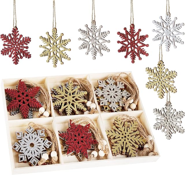 ilauke 24Pcs Christmas Wooden Snowflakes Ornaments, Wood Hanging Decorations 2.76 Inches Snowflakes Shaped Embellishments Hollowed Christmas Tree Hanging Ornaments