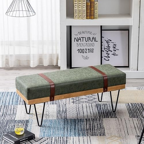 Miniatura 6 de LukeAlon Cómodo banco de entrada largo de piel sintética, acolchado para dormitorio, banco otomano moderno con dos correas y patas de horquilla de