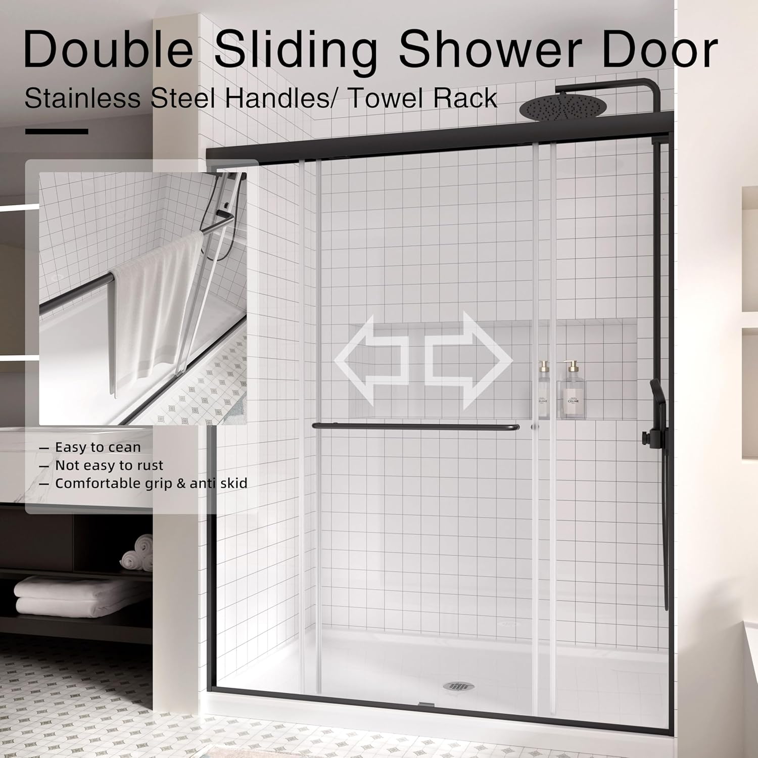 Semi-Frameless Sliding Shower Door 44-48” W x 72" H, 6mm SGCC Tempered Glass Matte Black Hardware, Retractable Waterproof Shower Screen for Walk-in Bathroom & Bathtub Use