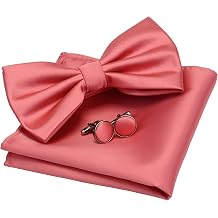 GUSLESON Mens Solid Color Double Fold Pre-tied Bow Tie and Pocket Square Cufflink Set with Gift Box
