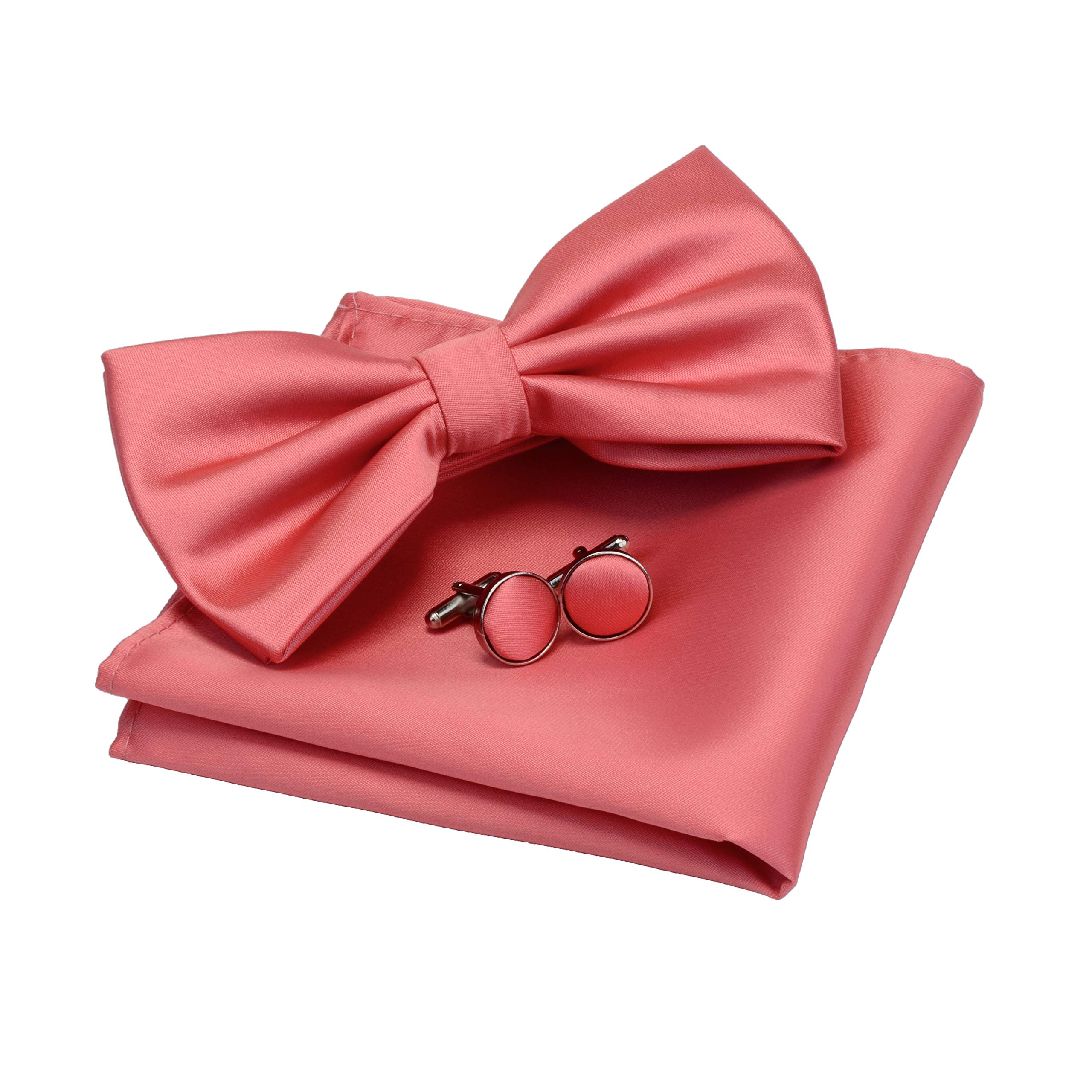 Gusleson Mens Solid Color Double Fold Pre-tied Bow Tie and Pocket Square Cufflink Set with Gift Box