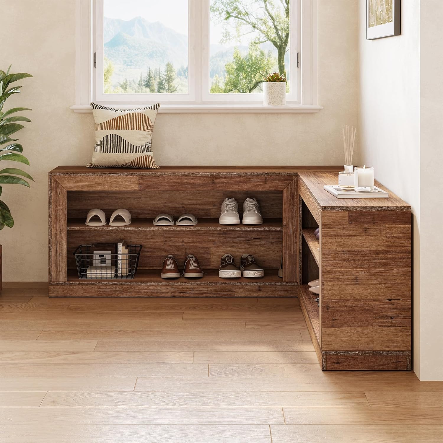 LITTLE TREE L-Shaped Corner Shoe Bench, 2-Piece Modular Wooden Nook Bench with Open Storage Shelves for Entryway, Bedroom, Hallway, Straight/L-Shaped/Separate Arrangement, Light Walnut