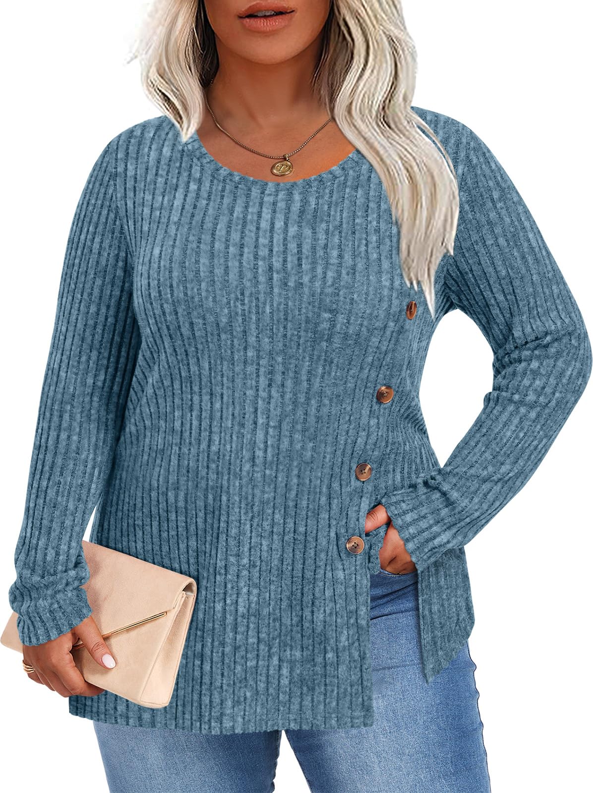 HOTGIFT Women Plus Size Top Knit Long Sleeve Sweater Button Tunic XL-5XL