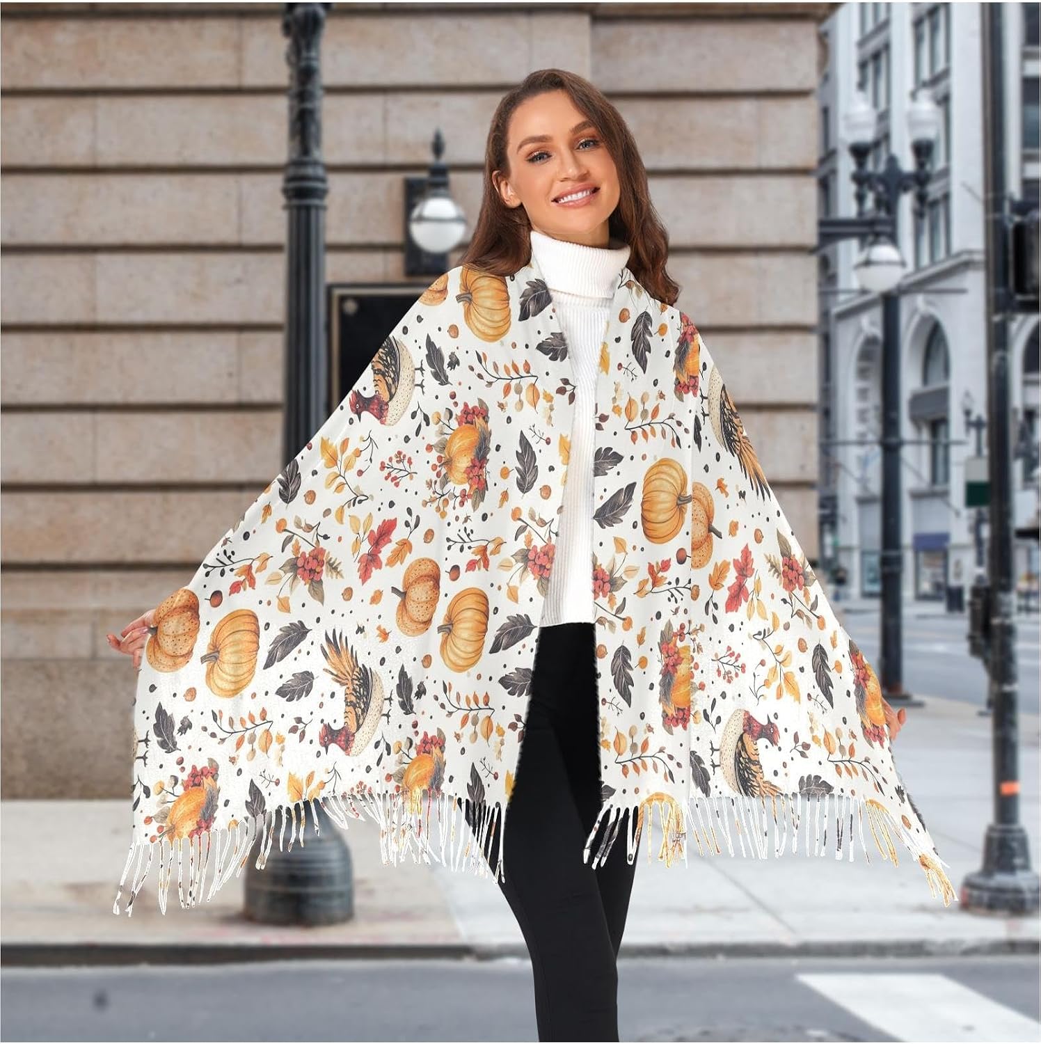 Winter Scarf for Women Thanksgiving Pumpkin Turkey Fashion Tassel Shawl Wraps for Women, Cold Weather Warm Womens Scarves Soft Long Scarf Gifts
