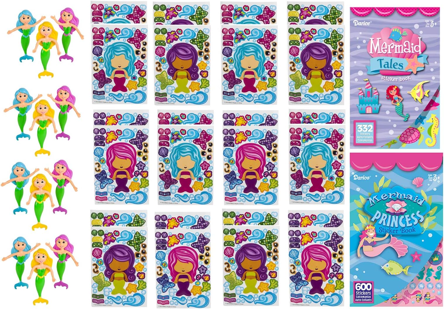 38 Piece Mermaid Theme Birthday Party Favor Bundle Pack for Kids (Mermaid Bendable Figures & Sticker Sheets)