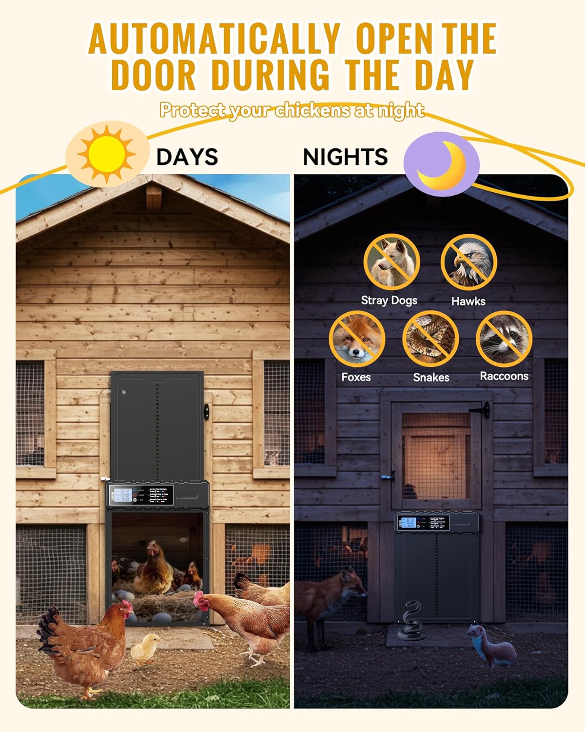 Automatic Chicken Coop Door Solar Powered with XL Large Size 10.8″x 14.2″ Auto Chicken Door Design with USB-C Charging & 3 Modes, Anti-Pinch & Aluminum Alloy Weather Proof-Black