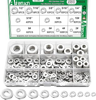 Aienxn 550PCS 304 Stainless Steel Flat Washers Assortment Kit, 12 SAE Sizes 2# to 1/2" for Screws Bolts, Rustproof