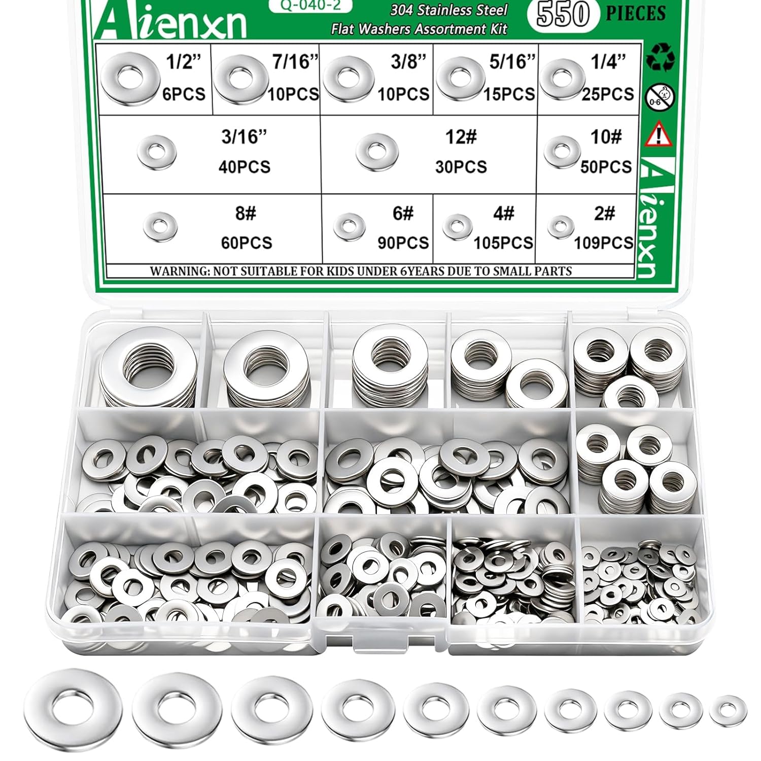 Aienxn 550PCS 304 Stainless Steel Flat Washers Assortment Kit, 12 SAE Sizes 2# to 1/2" for Screws Bolts, Rustproof