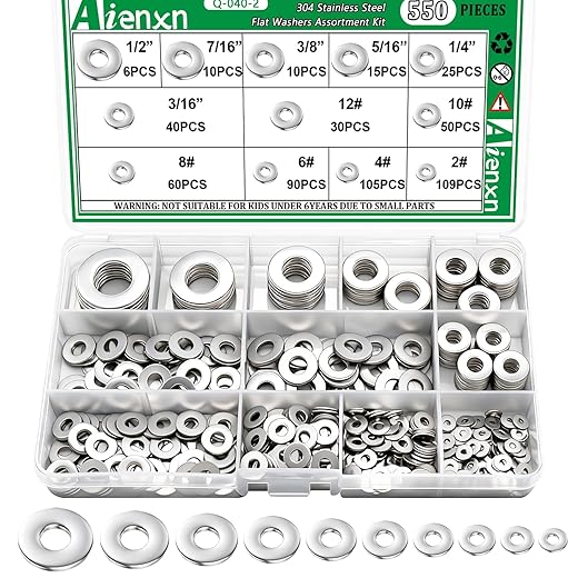550PCS Flat Washers Assortment Kit, 12 SAE Sizes- 1/2, 7/16, 3/8, 5/16, 1/4, 3/16, 12#, 10#, 8#, 6#, 4#, 2#, (18-8) 304 Stainless Steel Washers for Screws, Metal Washers for Bolts