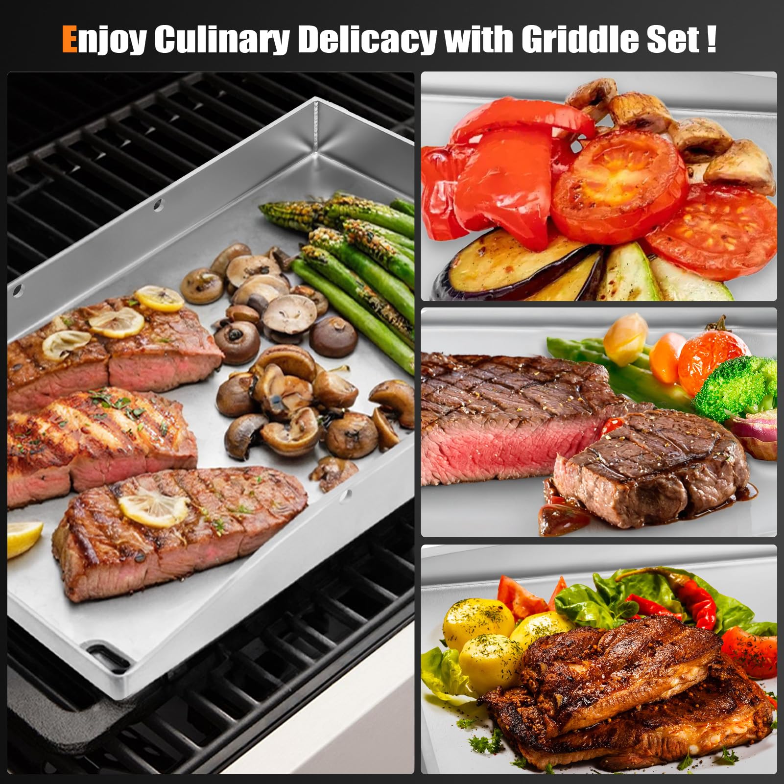 Plancha Edelstahl Grillplatte – Grillen auf höchstem Niveau | Robuster Edelstahl, 2x Grillspachtel mit Akazienholzgriff – Perfekte BBQ-Ergebnisse dank Profi-Zubehör garantiert!