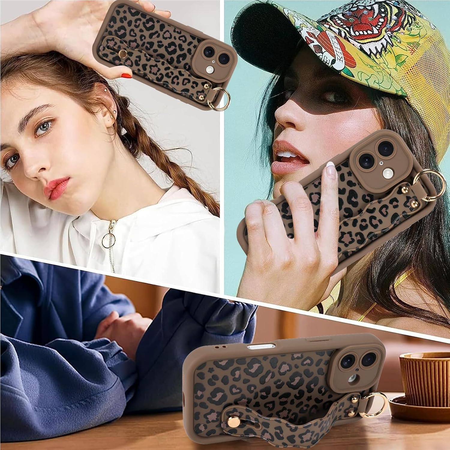 Cute for iPhone 16 Case with Strap Stand, Brown Leopard 2 image 2