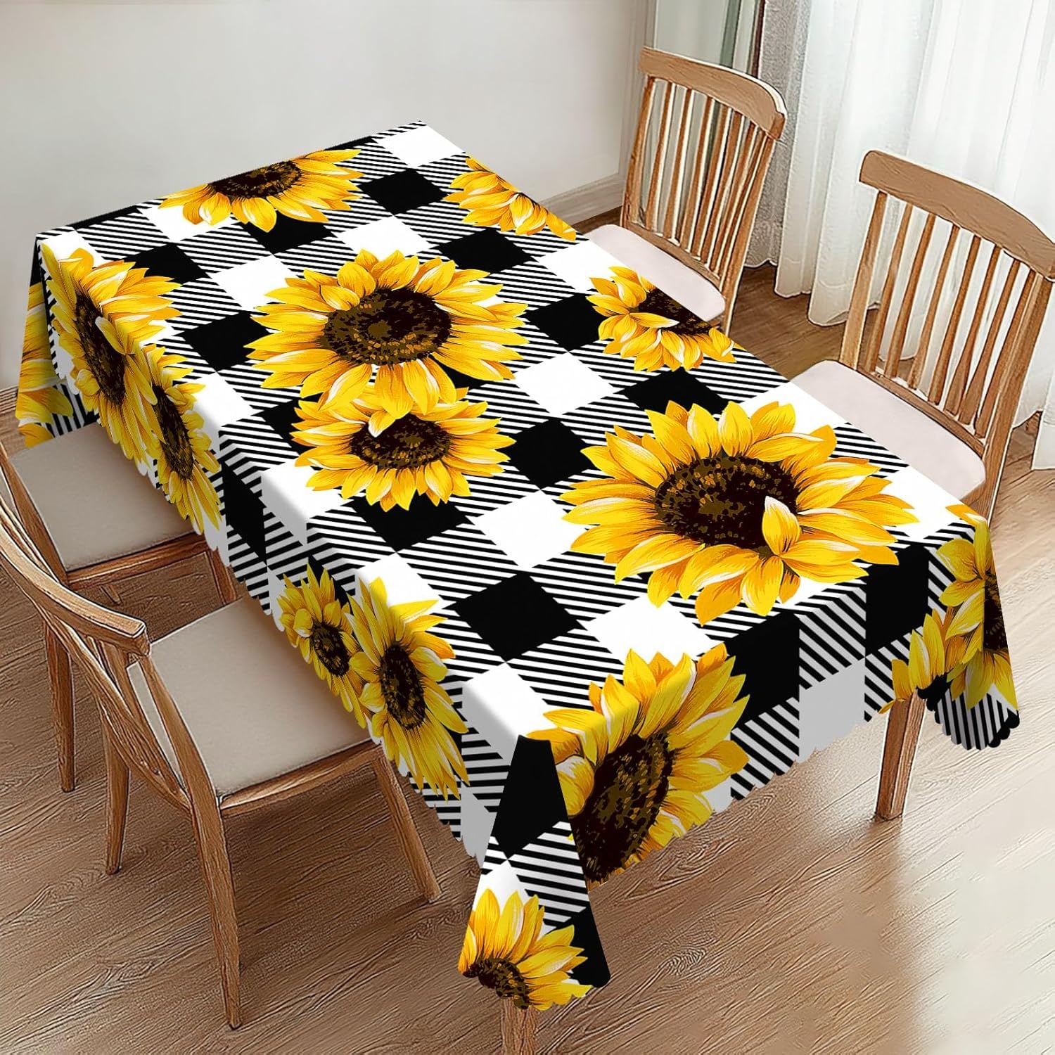 Sunflower Checkered Rectangle Tablecloths Golden Sunflowers Table Cloths Dacorative Kitchen Dining Tablecloth for Rectangular Tables,Washable Table Cover for Party 54 x 72 Inch