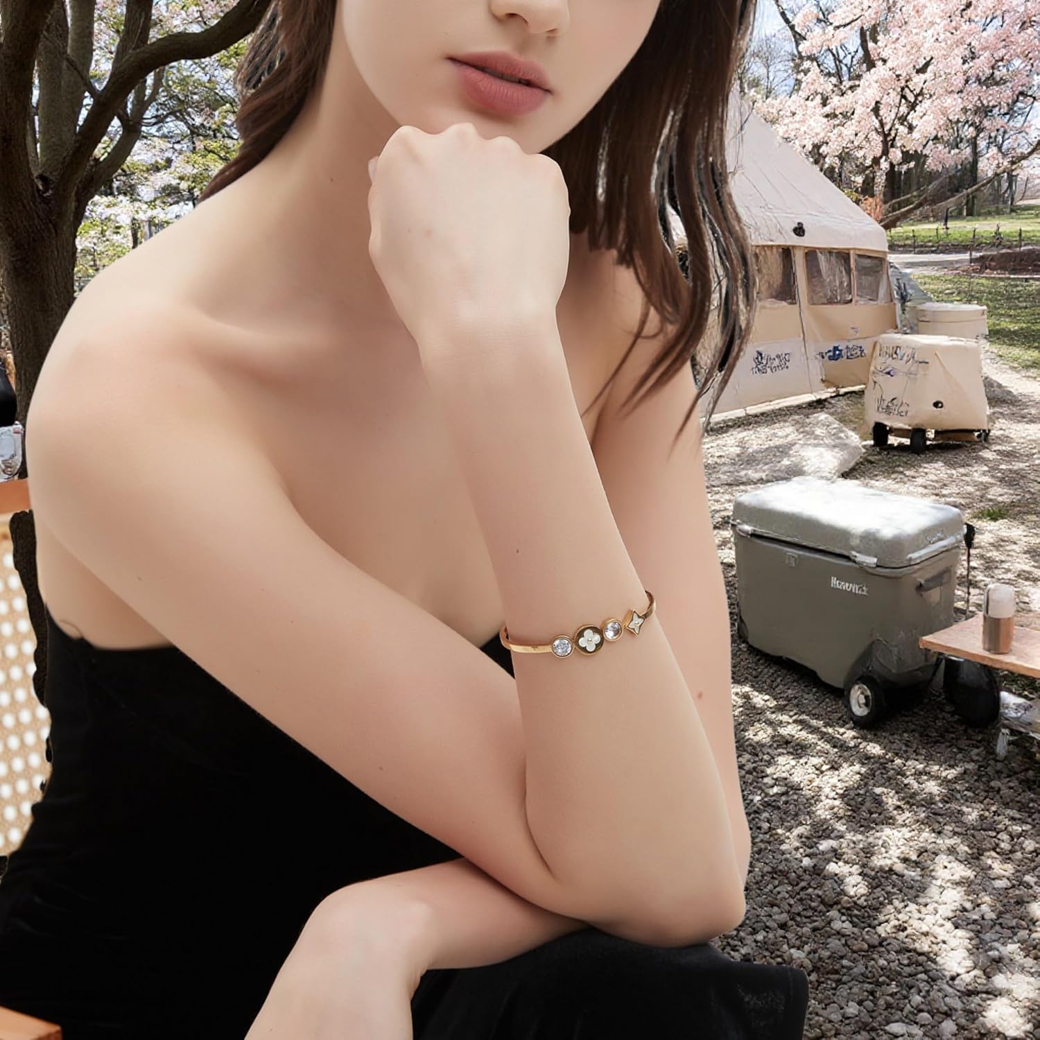 Gold Clover Bracelet for Women Non Tarnish Four Leaf Clover Bangle, Adjustable Cubic Zirconia Clover Bracelet Bangle, Women's Fashion Open Bracelets with Cross Heart Charm - Image 4