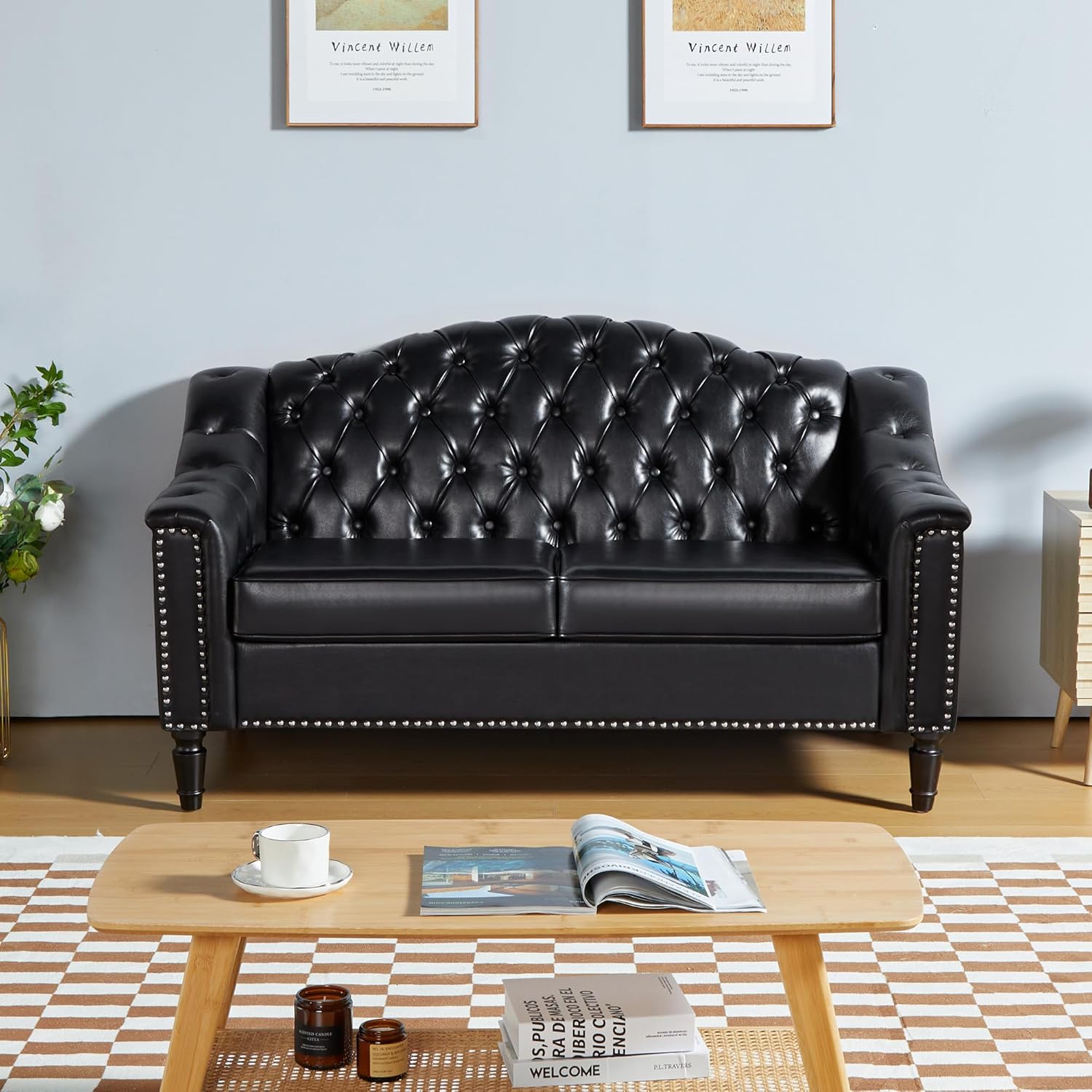 AVZEAR Chesterfield Loveseat Sofa, Mid-Century Modern Upholstered PU Sofa, 2 Seater Couch with Nailhead Trim and Button Tufted for Living Room, Office, Bedroom, Black