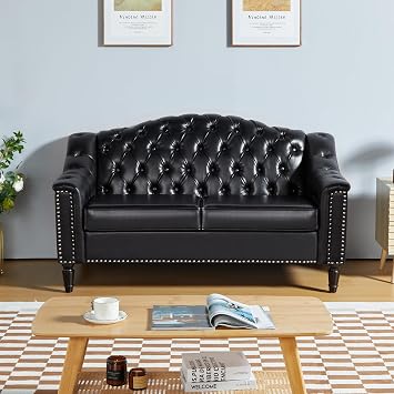 AVZEAR Chesterfield Loveseat Sofa, Mid-Century Modern Upholstered PU Sofa, 2 Seater Couch with Nailhead Trim and Button Tufted for Living Room, Office, Bedroom, Black