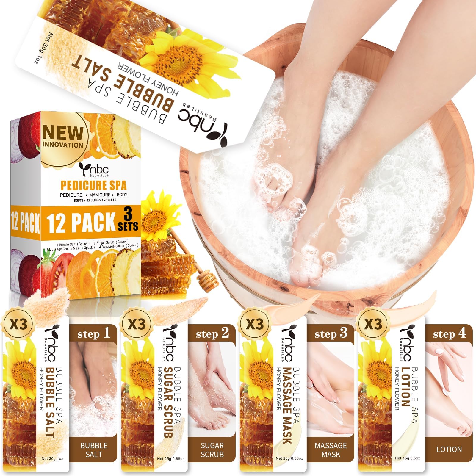 Pedicure Foot Soak Salt Dry Foot Foot Spa Kit for Home (3 Sets Honey Flower-FBA)