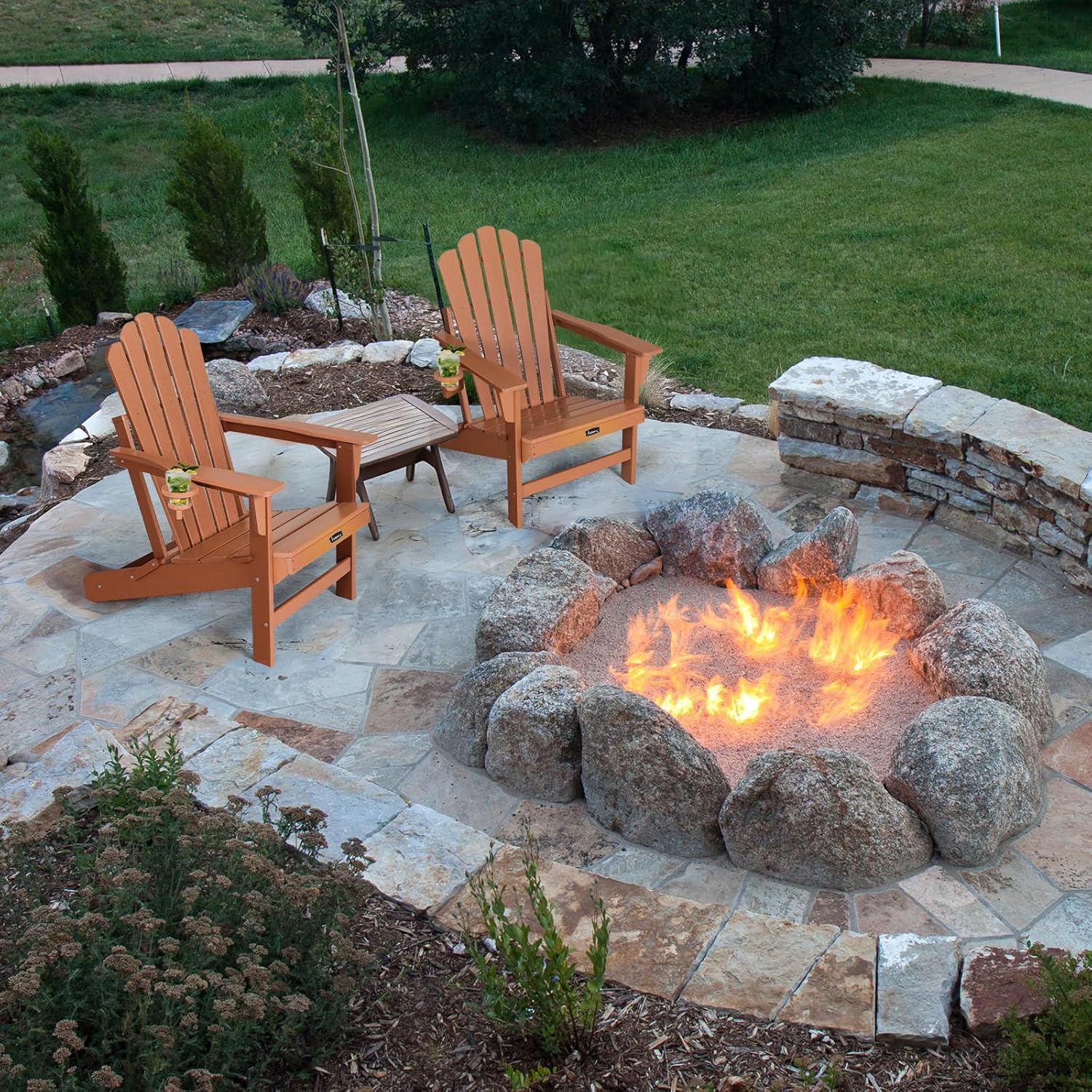 FUNBERRY Folding Adirondack Chairs Set of 4, All Weather HDPE Wood Texture Fire Pit Chairs with Cup Holder for Outdoor