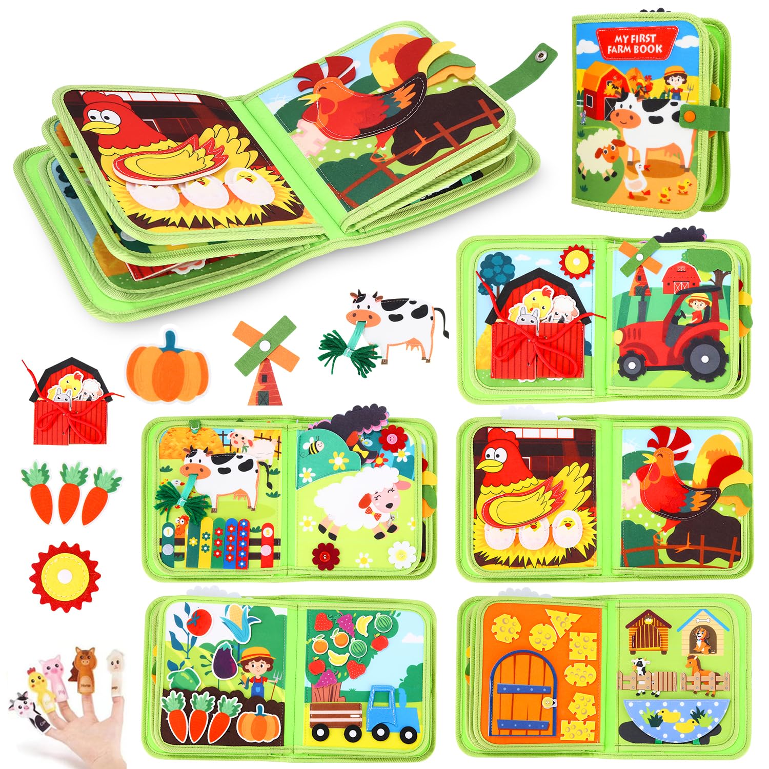 Montessori Book 1 Year, 20 in 1 Busy Board Interactive Book, Montessori Toys for Kids 1 2 3 Years, 10 Pages Panels Activities Sensory Educational Farm, Gifts Boys Girl