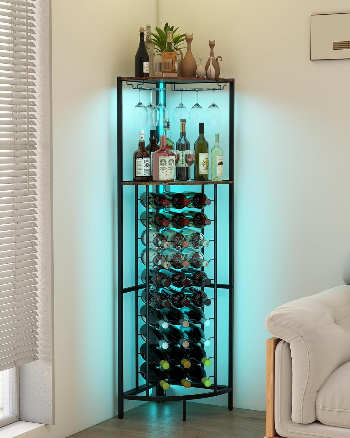 Baoz 30 Bottle Corner Wine Cabinet Corner Wine Rack with LED Light Liquor Cabinet Bar for Home with Wine Glass Rack Wine Rack Freestanding Floor for Living Room Dining Room Kitchen Home Bar