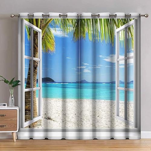 Miniatura 4 de Jekeno Cortinas opacas para ventana de playa oceánica, isla tropical de verano, palmeras costeras, decoración para dormitorio, sala de estar,