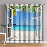 Jekeno Ocean Beach Palm Trees Blackout Curtains Summer Tropical Island Decor for Bedroom Living Room Seaside White Wooden Window View Print Grommet Window Drapes 2 Panel Set, 52
