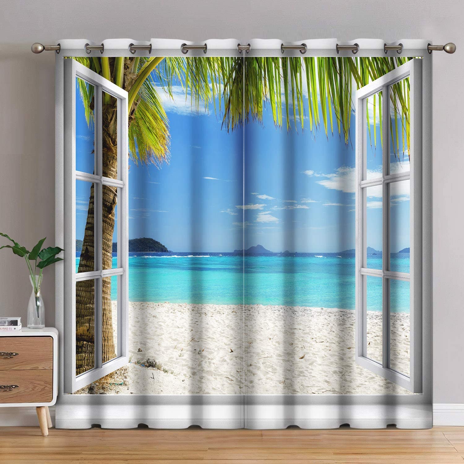 Jekeno Ocean Beach Palm Trees Blackout Curtains Summer Tropical Island Decor for Bedroom Living Room Seaside White Wooden Window View Print Grommet