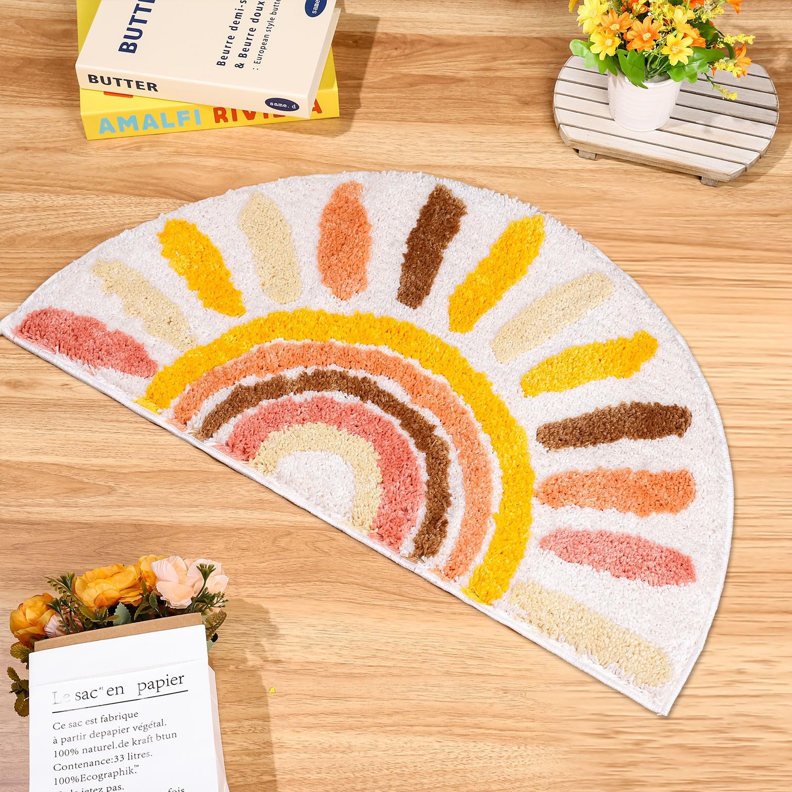 JarThenaAMCS Boho Sunrise Bath Rug Colorful Half Circle Sun Shaped Tufted Bath Mat Non Slip Washable Modern Bohemian Floor Mat for Home Bathroom Decor