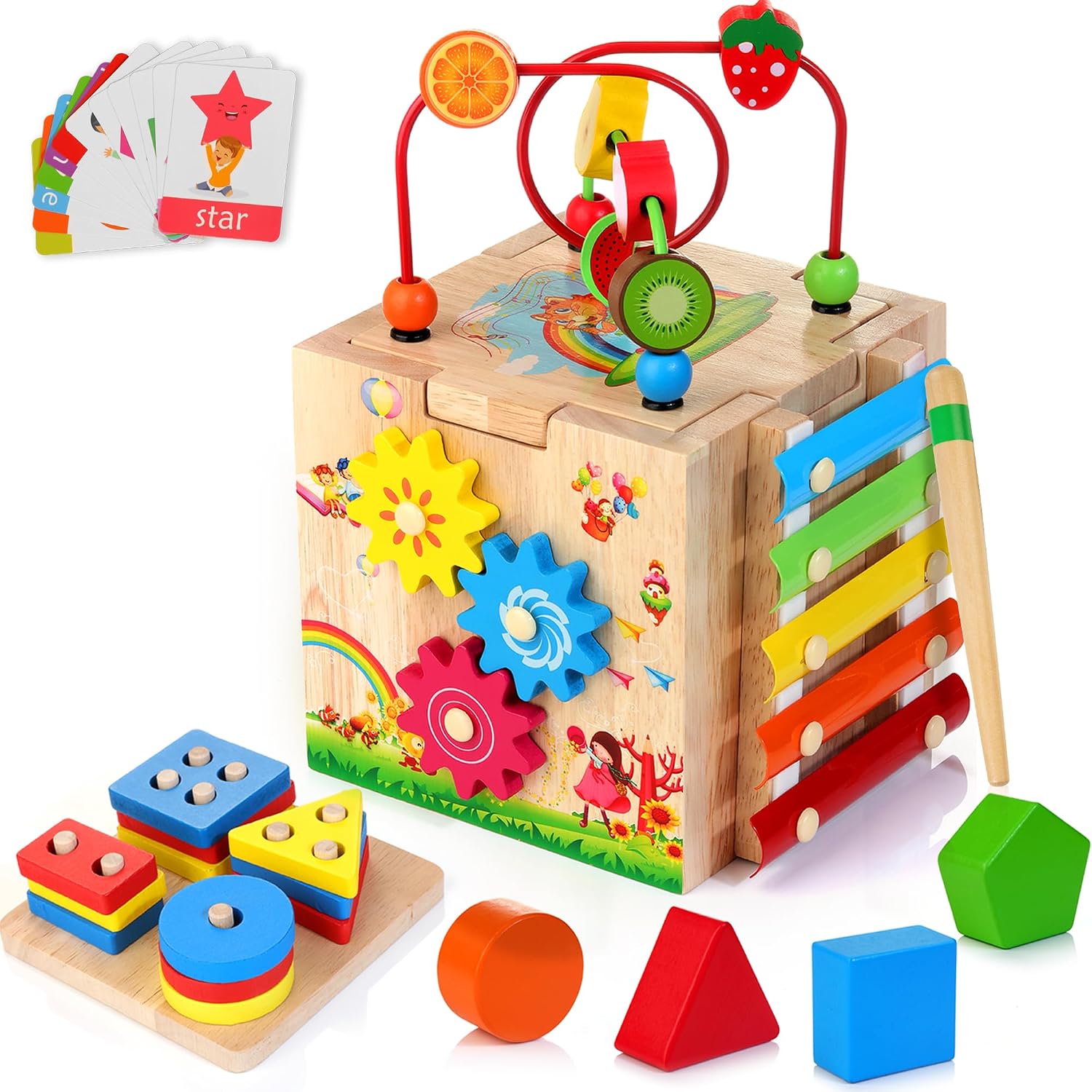 Batlofty Wooden Activity Cube, 8-in-1 Montessori Toys for 1+ Year Old Boys & Girls, Educational Learning Toys for Toddlers Age 1-2, 1st Birthday Gift | Bonus Sorting & Stacking