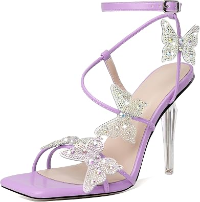 الصنادل عالية الكعب Esvowido للنساء ، حزام الكاحل الفراشة Strappy Open Toe High Heels، Square Toe Clear Stiletto Heeled Sandals، Butterfly Heels 4 Inches