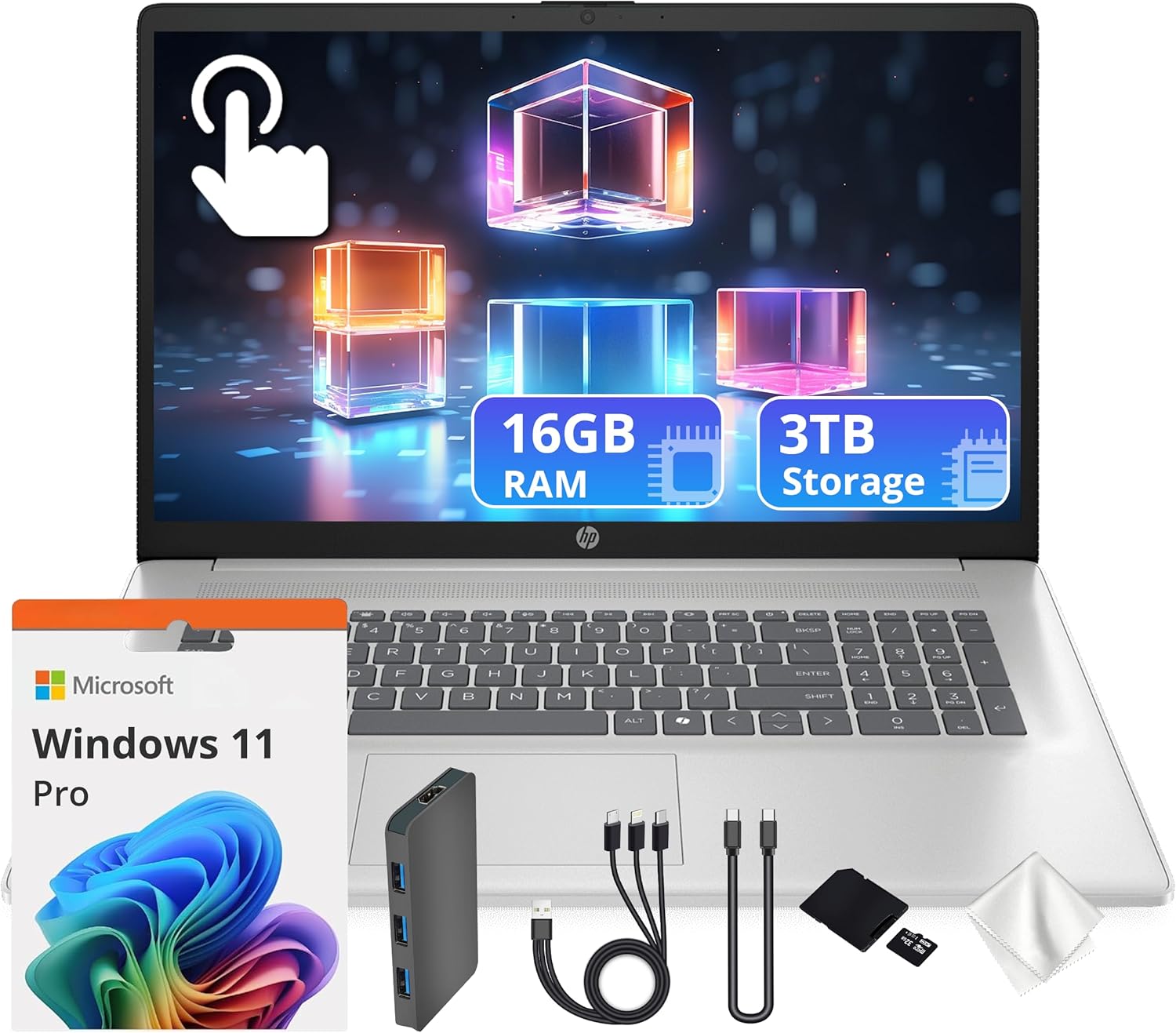 HP 17.3" HD+ Touchscreen Laptop: Intel Core Ultra 7 255U, 16GB DDR5 RAM, 3TB Storage + Docking Station, Wi-Fi 6, Win 11 Pro Silver