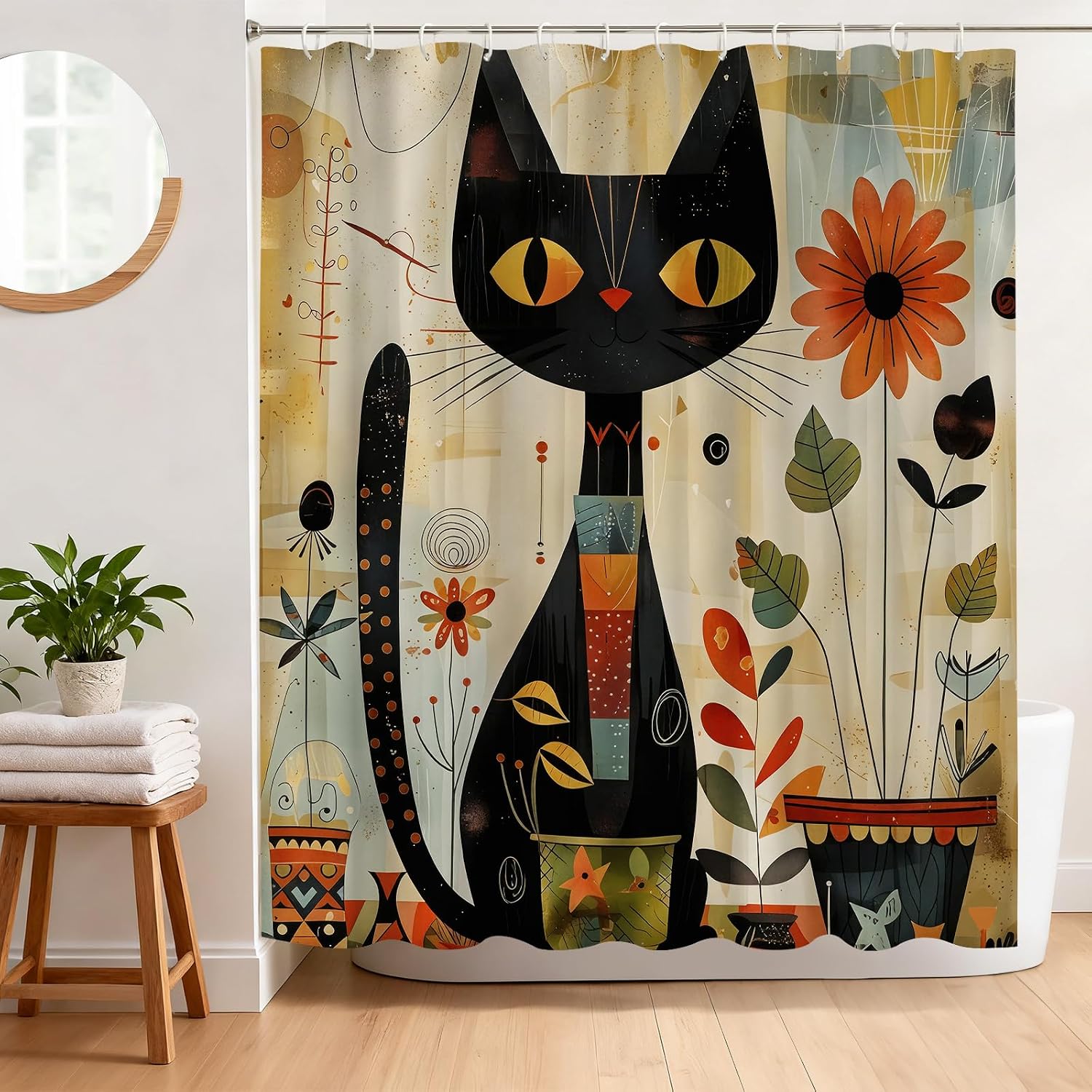 Black Cat Shower Curtain, Boho Cute 72x72 Inch | Fun Black Cats Matisse Retro Western Bathroom Decor Waterproof Bath Curtain with 12 Hooks