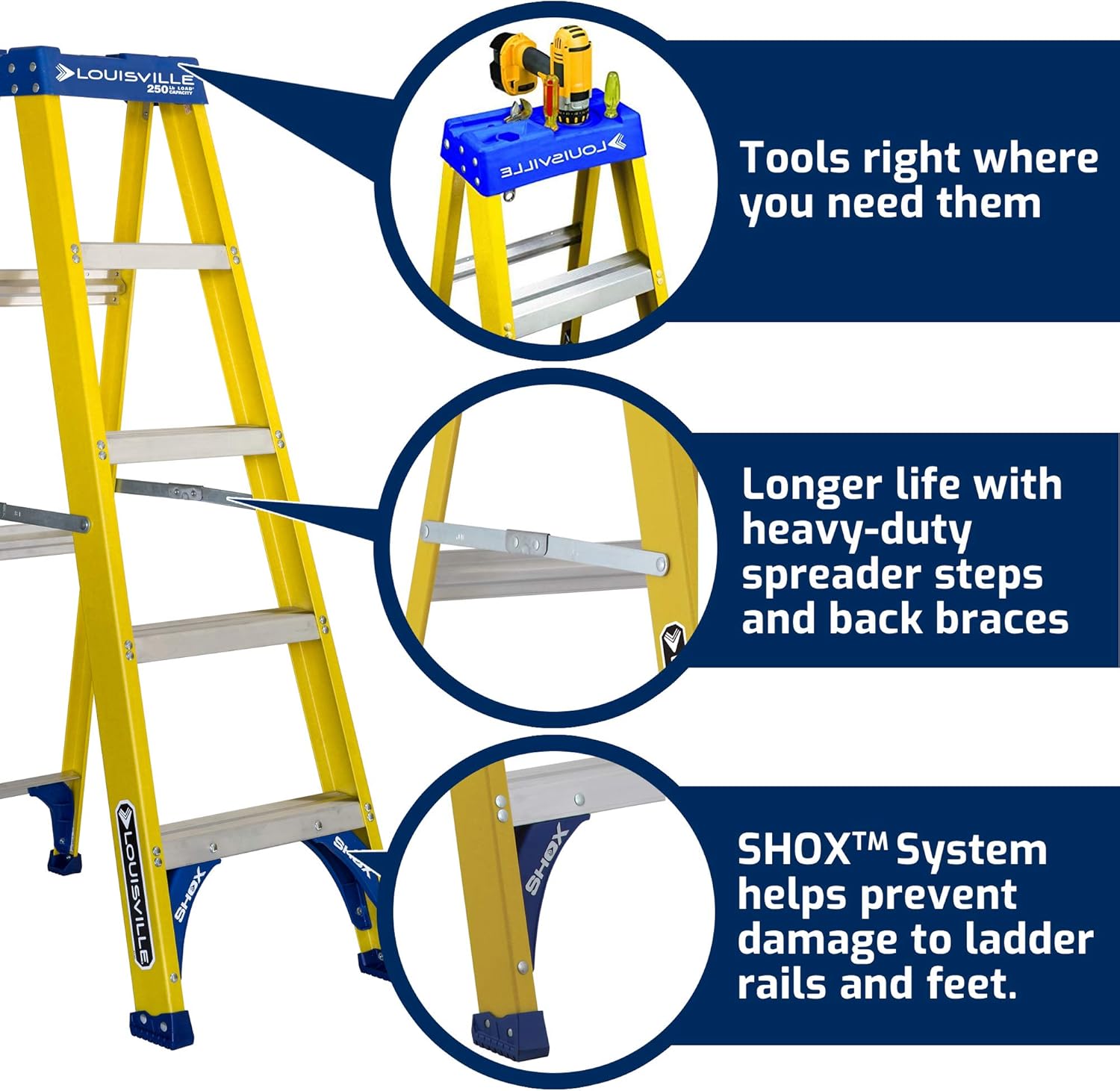 Louisville Ladder FS2005 Fiberglass Step Ladder, 5-Feet/250lb, Yellow & LITE 2' Fiberglass Step Stool Ladder, 300-Pound Capacity, Type IA, LP-3011-02