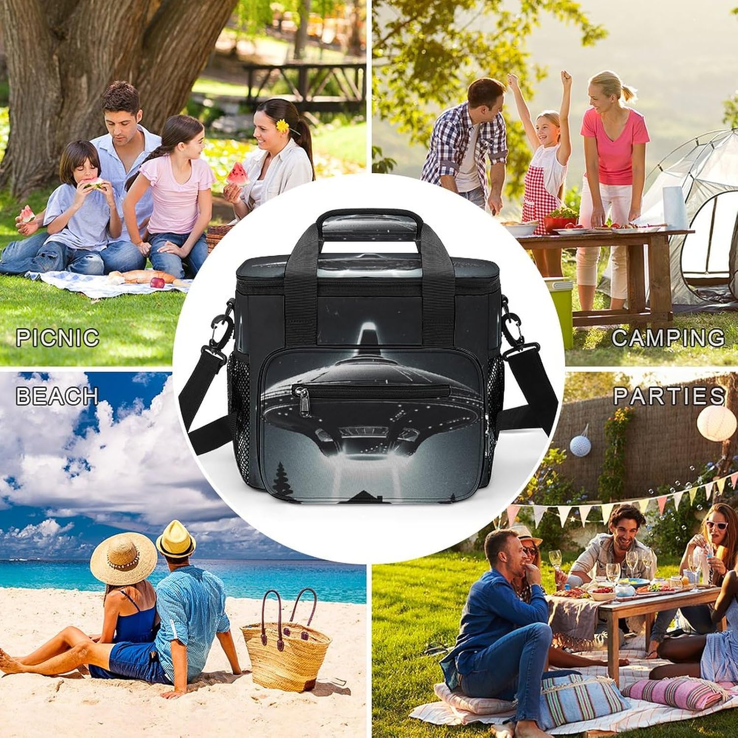Camping Ice Pack, Alien Spaceship UFO Print Cooler Bag, 22.5L Large Capacity Insulated Lunch Tote Bag for Outdoor, Picnic, BBQ, Travel, Work