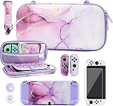 RHOTALL Carrying Case for Nintendo Switch Oled, Portable Hard Shell Green Marble Travel Storage Case with Protective Case Cover, Screen Protector, Adjustable Shoulder Strap and 2 Thumb Cap (Purple)