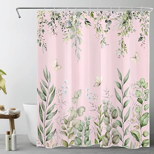 LB Cortina de ducha de hojas de eucalipto verde salvia, hojas de acuarela, mariposa en rosa, cortina de ducha de baño con plantas naturales,