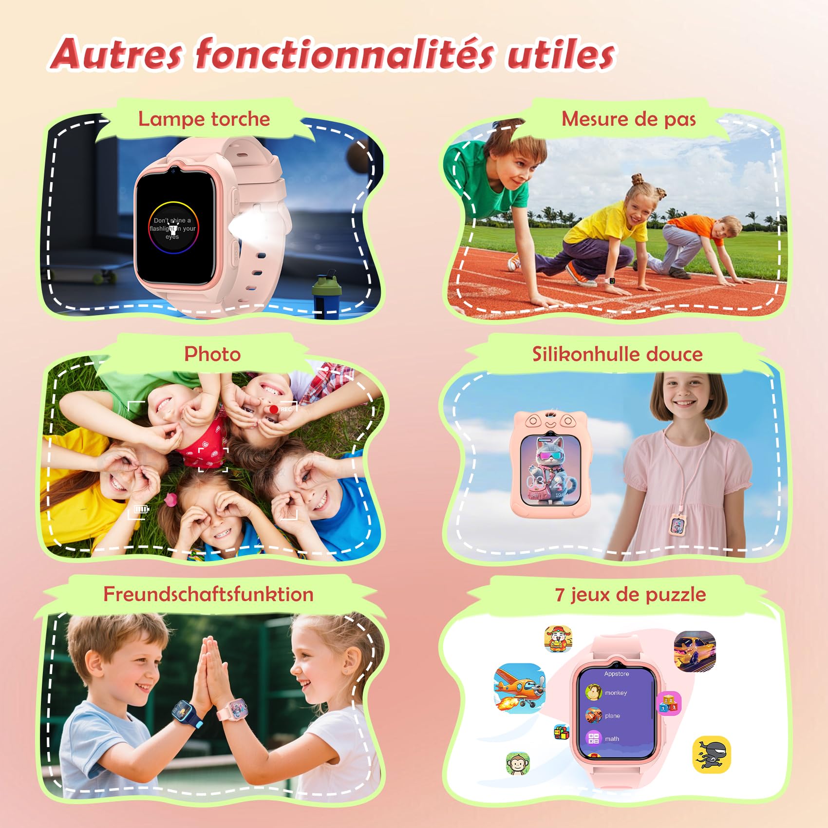 4G Montre Connectée Enfant avec Appel Vidéo et GPS, Compatible Nano SIM, Messages Vocaux, SOS, Mode École, Lampe Torche, Étanche IP67, Podomètre, 2 Modes de Port, Android iOS, pour Filles 4-12 Ans