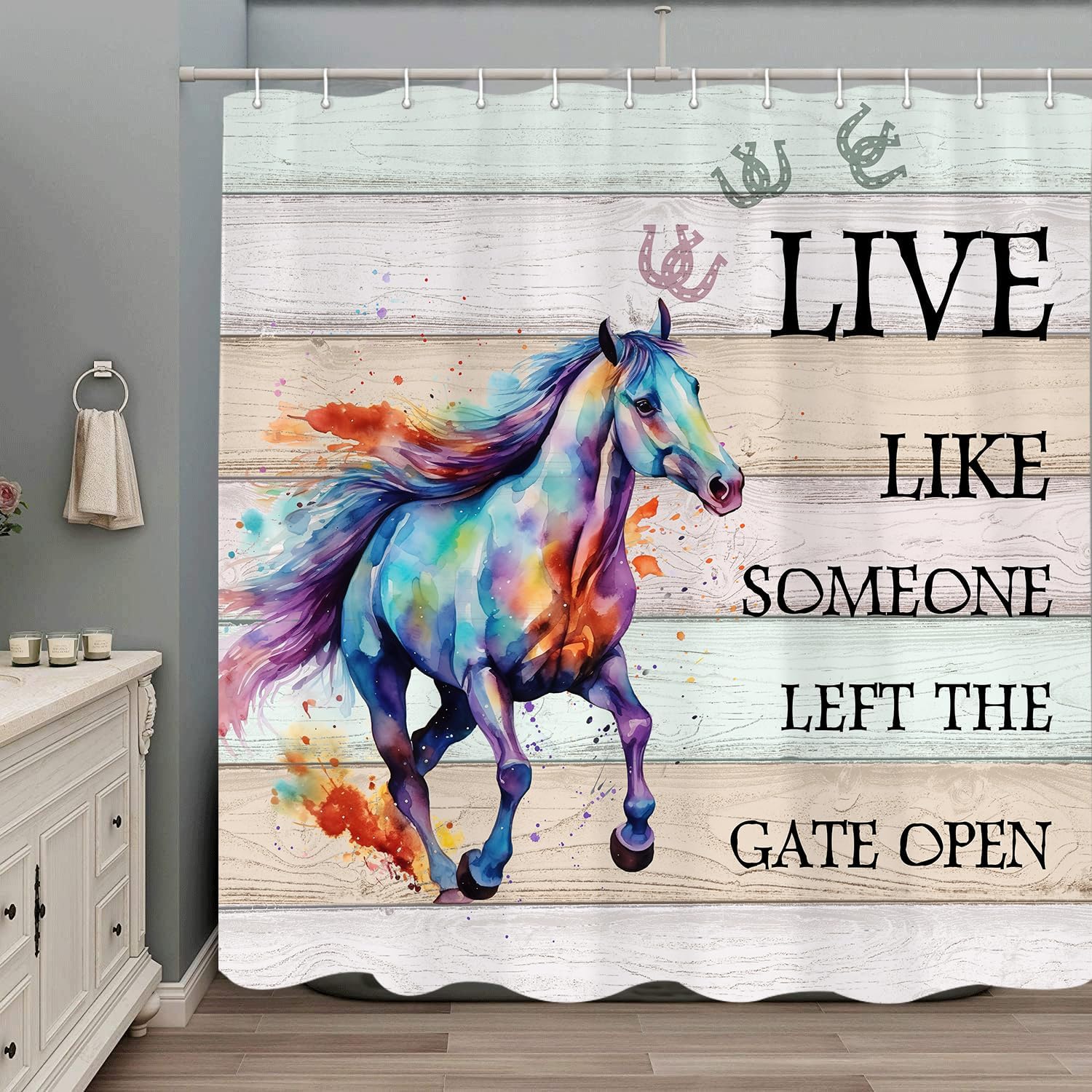 Western Horse Shower Curtain, Farmhouse Motivational Inspirational Funny Quote Live Like Someone Left The Gate Open Fabric Bathroom Curtains, Vintage Rustic Wooden Restroom Decor Accessories, 69X75in