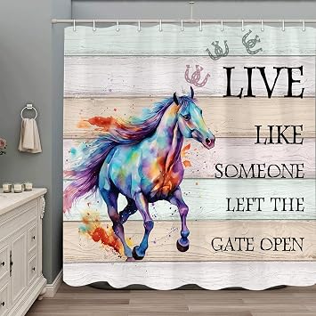 Western Horse Shower Curtain, Farmhouse Motivational Inspirational Funny Quote Live Like Someone Left The Gate Open Fabric Bathroom Curtains, Vintage Rustic Wooden Restroom Decor Accessories, 60X70in