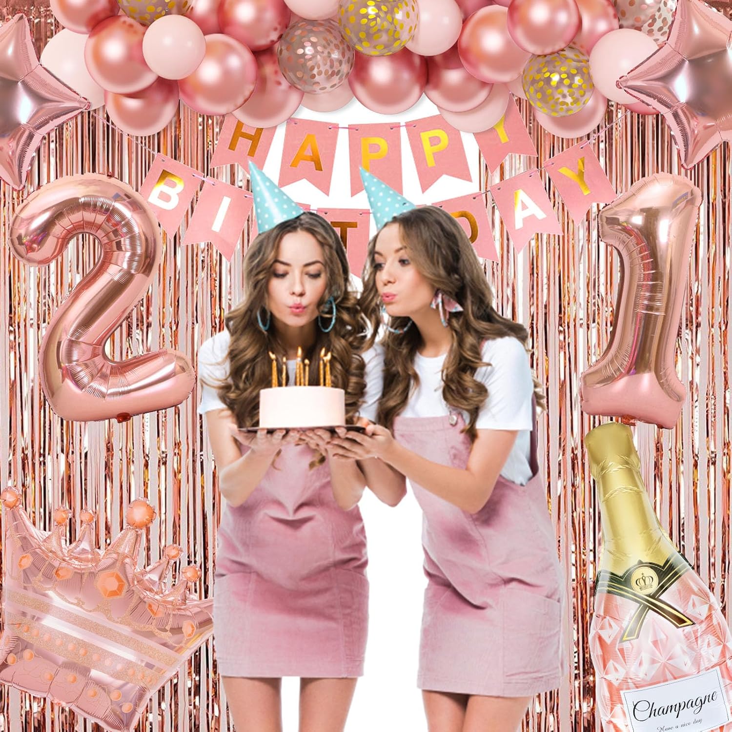 Ouddy Life 21st Birthday Decorations for Her - Rose Gold Party Supplies for Women Girls, Pink Happy Banner, Fringe Curtain, Butterfly Balloons - Image 7
