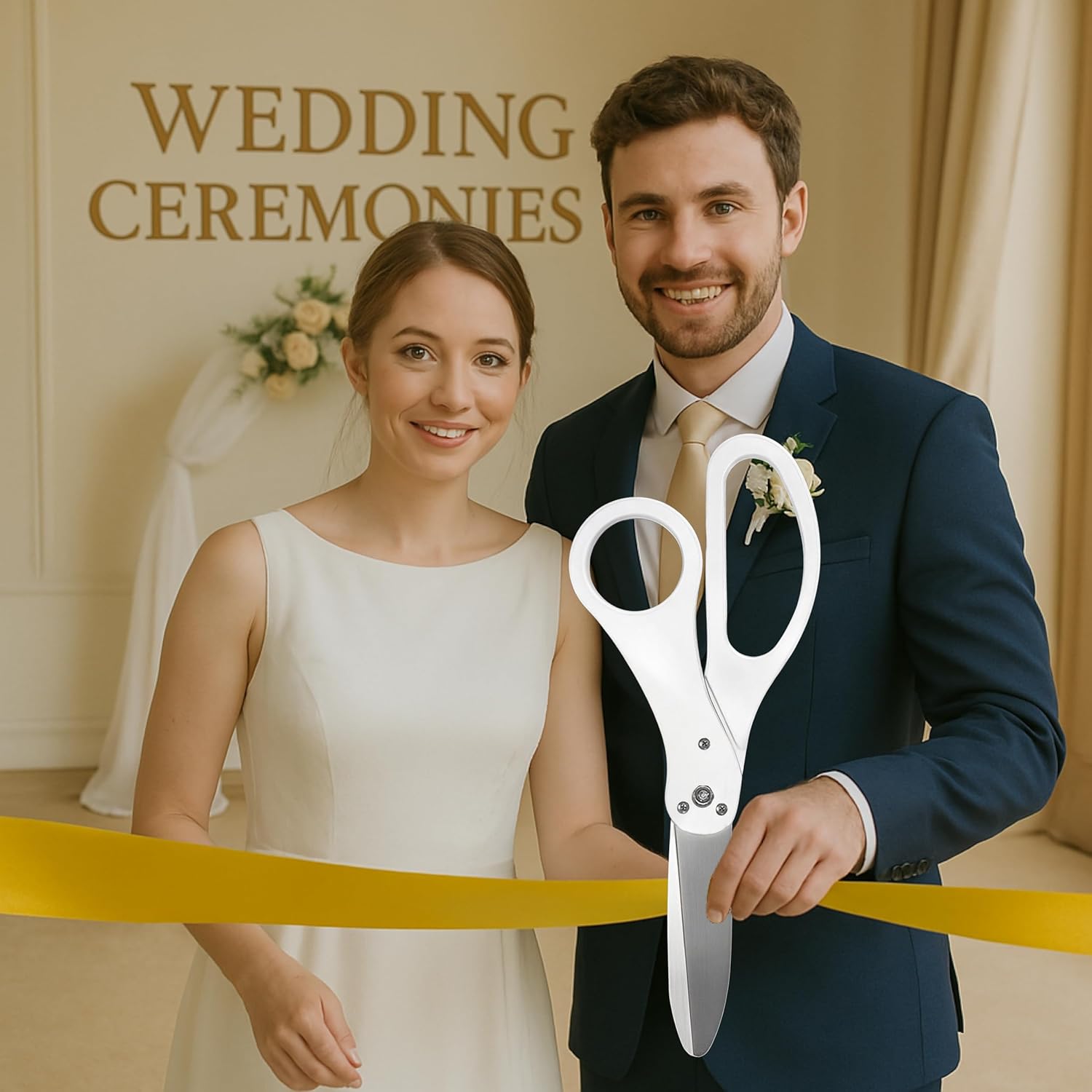 20インチのホワイトジャイアントはさみ &ndash; 特大 冠婚葬祭用カッティングツール ゴールドリボン付き グランドオープニング イベント用