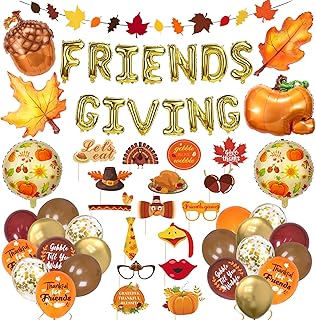 Ouddy Life 74 Pcs Friendsgiving Party Decorations, Friendsgiving Foil Banner Maple Leaves Pumpkin Pine Cones Ballons Photo Booth Props for Thanksgiving Fall Autumn Fireplace Wall Party Supplies