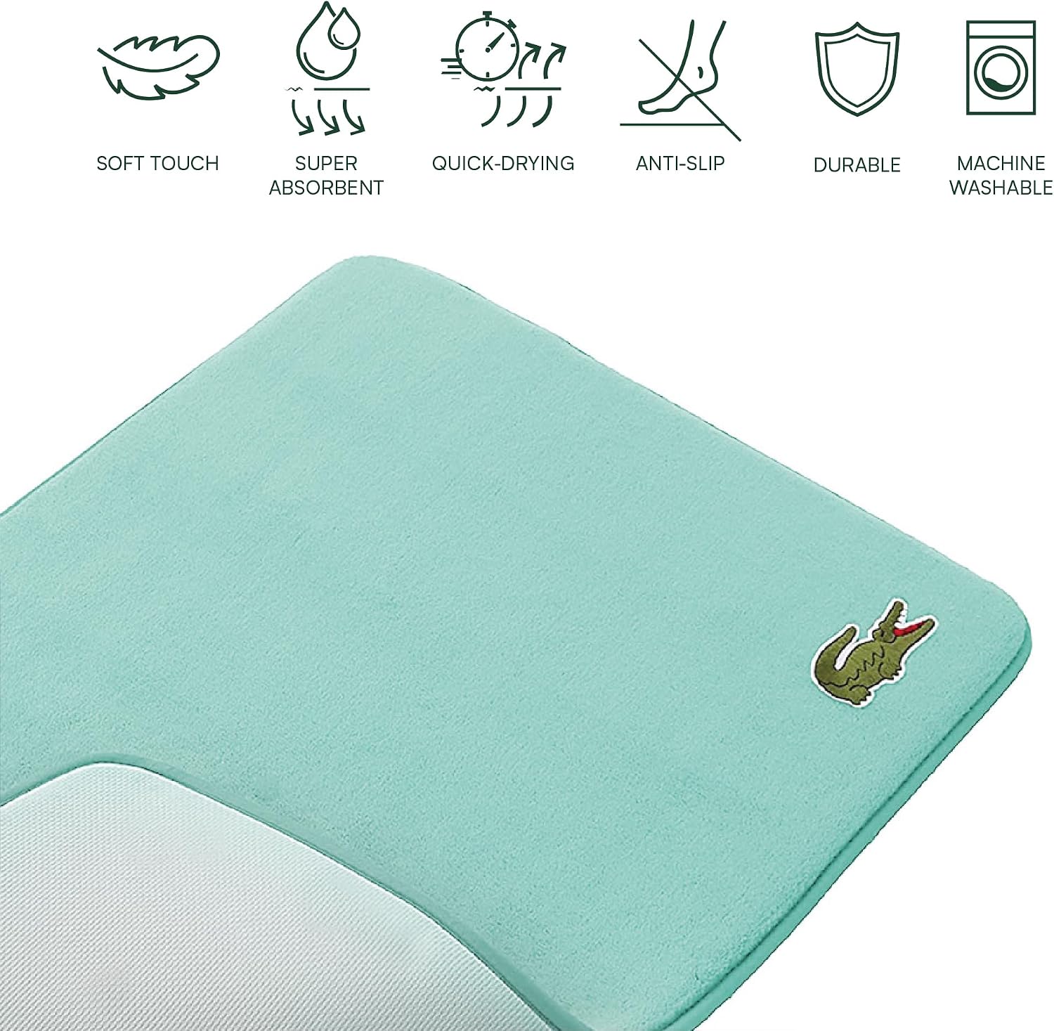 Lacoste Memory Foam Bath Rug – Ultra Soft Fleece Bathroom Mat with Embroidered Crocodile Logo, Super Absorbent, Non-Slip Backing, Machine Washable, Plush & Stylish 19"x30" – Beach Glass
