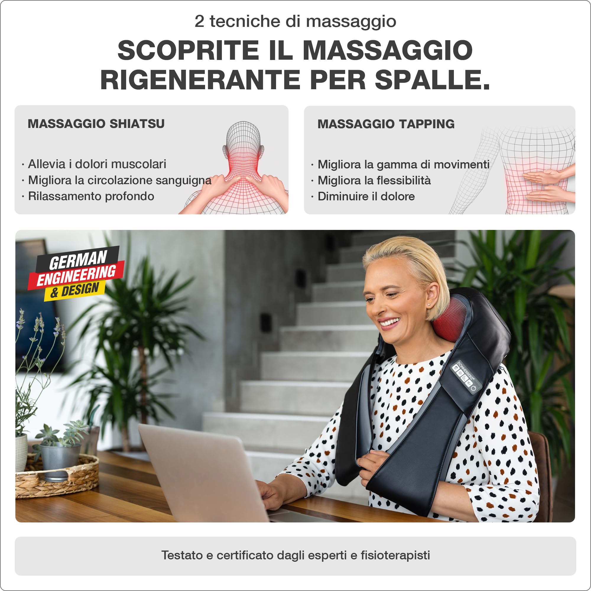 Massaggiatore schiena e spale Donnerberg - Massaggio dei tessuti profondi - 2 tecniche di massaggio - Shiatsu e percussioni con infrarossi - Alta qualità tedesca -7 anni di garanzia sul motore