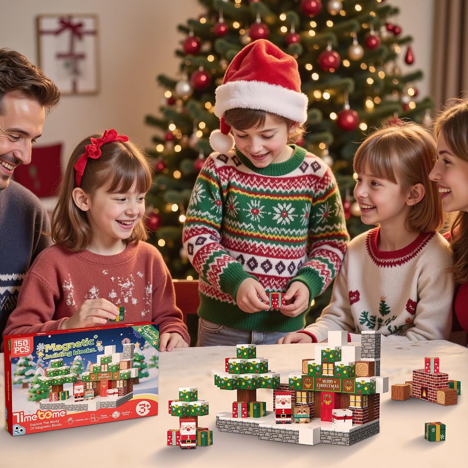 Magnetic Blocks, 150PCS Magnetic Building Block Cubes, STEM Montessori Sensory Toys for Kids Boys Girls Ages 3 4 5 6 7 8 9 10 (Christmas Version)