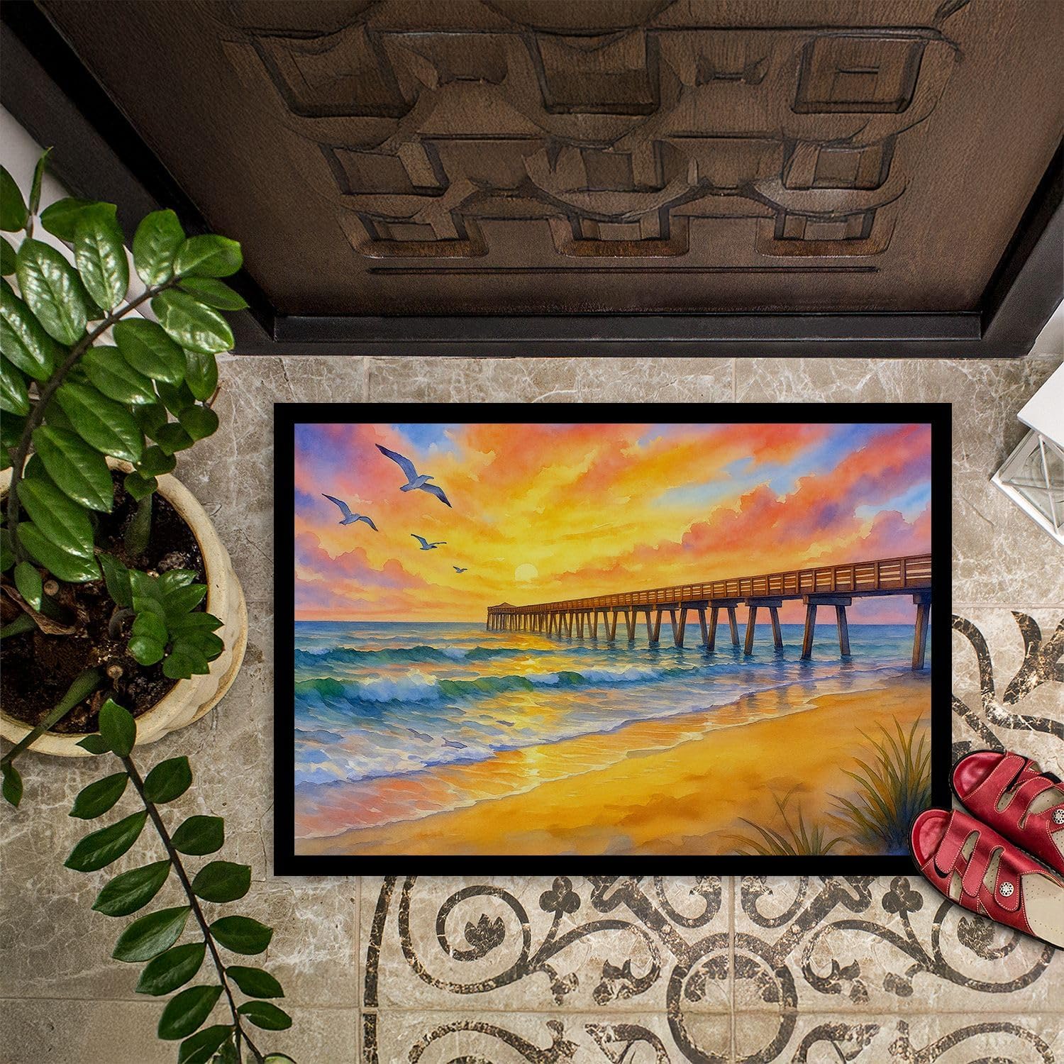 Caroline's Treasures Beach Pier at Sunrise Doormat Front Door Mat Indoor Outdoor Rugs for Entryway, Non Slip Washable Low Pile, 24H X 36W