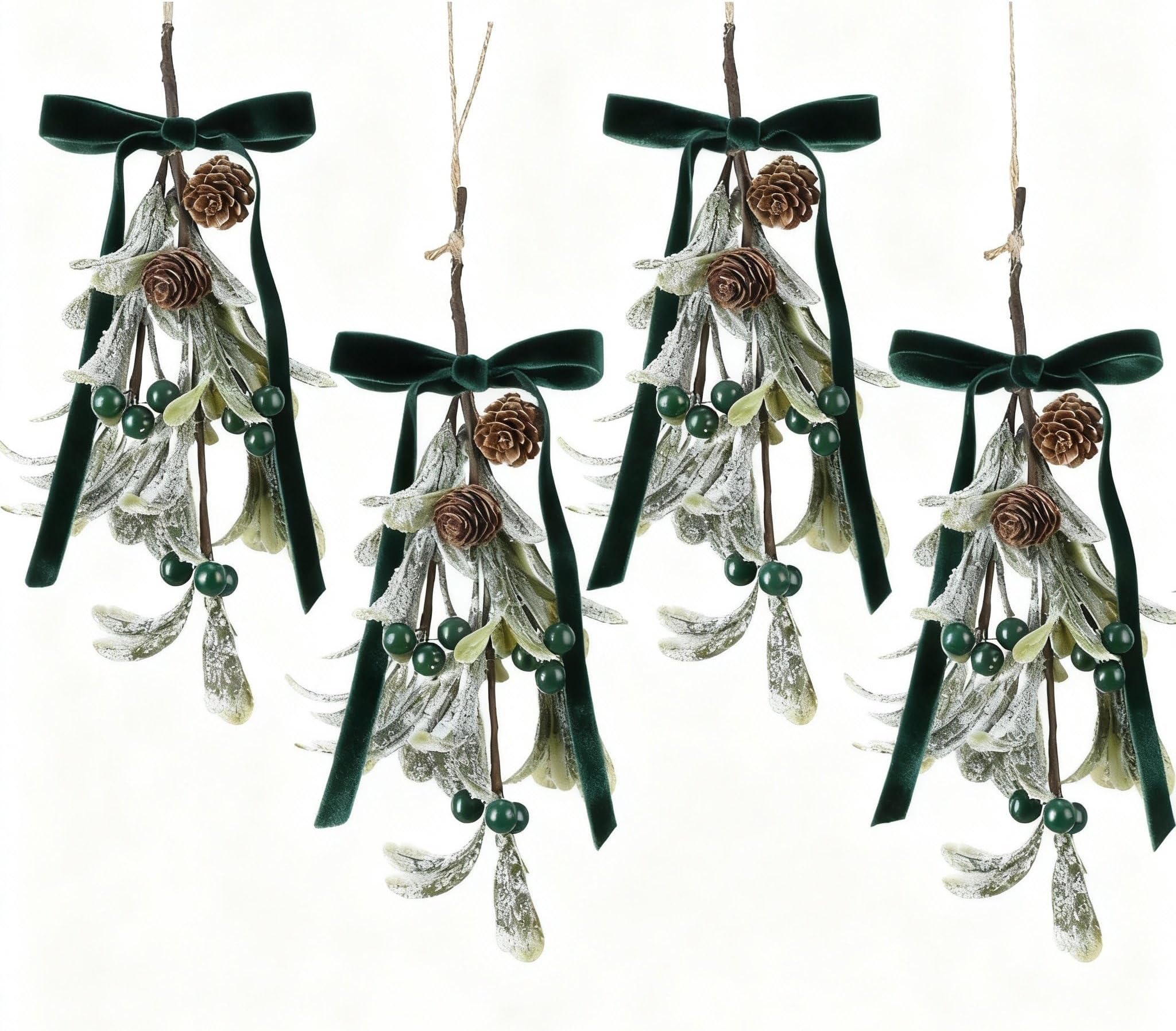 Meanplan 4 Pcs Christmas Mistletoe Decoration with Velvet Bow Artificial Mistletoe Hanging Ornament Kissing Ball with Berries Pine Cones for Xmas Tree(Dark Green)