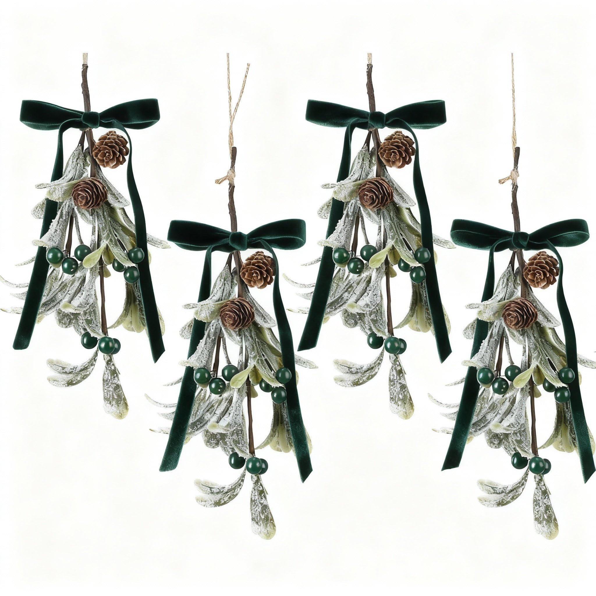 Meanplan 4 Pcs Christmas Mistletoe Decoration with Velvet Bow Artificial Mistletoe Hanging Ornament Kissing Ball with Berries Pine Cones for Xmas Tree(Dark Green)