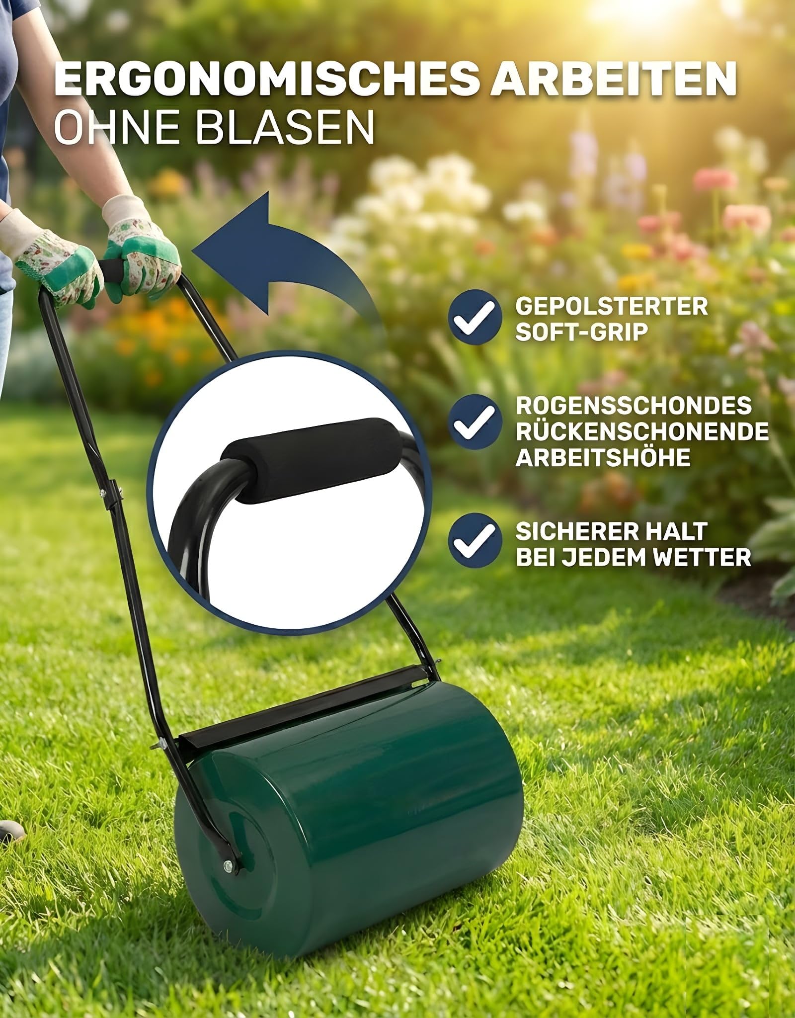 Rasenwalze aus Metall 48 l – befüllbare Gartenwalze mit 60 cm Arbeitsbreite | ergonomischer Griff, Schmutzabweiser, bis 60 kg Gewicht | ideal zum Andrücken von Saatgut & Bodenverdichtung