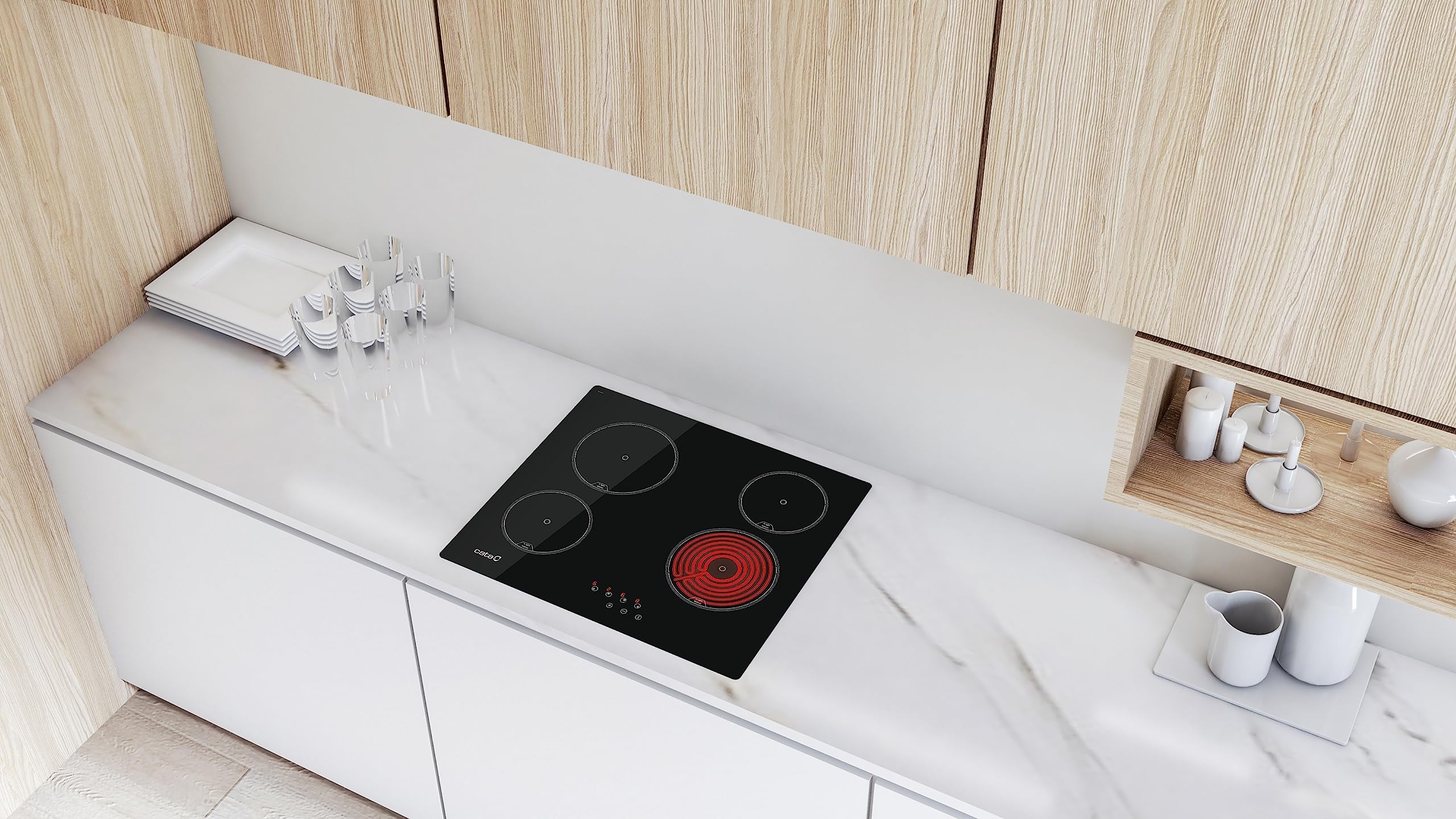 Cata Placa Vitrocerámica TN 604/C con 4 Zonas de Cocción High Light. Ancho de 59 cm. 9 Niveles de Potencia Regulables. Potencia Total 6kW. Color Negro